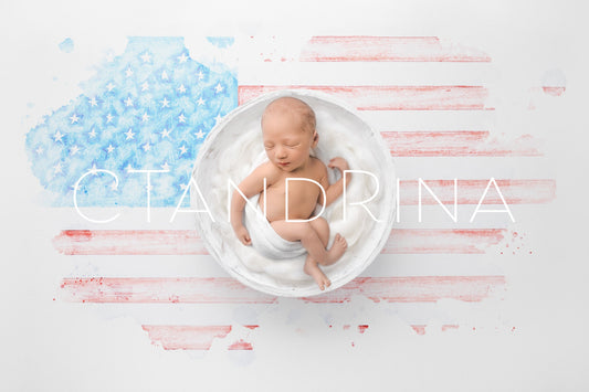 Watercolor Hand Drawn American Flag Newborn Digital Backdrop, American Flag Background, Bright Patriotic Backdrop for Photoshop