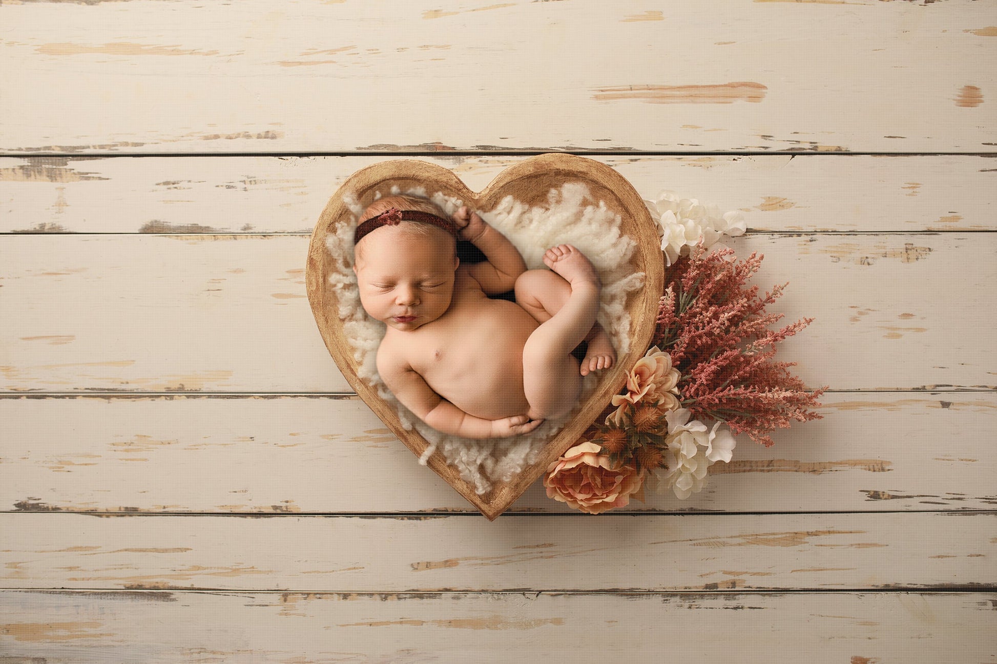 Newborn Digital Backdrop, Floral Heart Bowl Digital Background, Baby Girl Digital Backdrop, Wood Heart Bowl Digital Backdrop for Photoshop