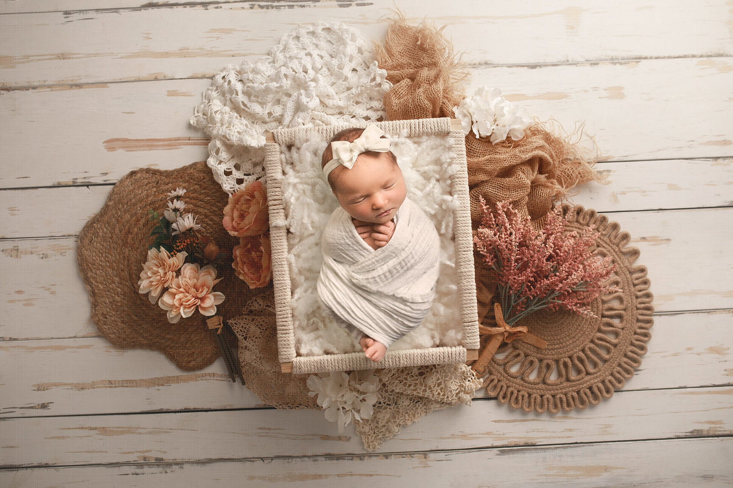 Newborn Digital Backdrop, Boho Theme Newborn Digital Background, Macrame Crate Backdrop, Flowers and Boho Newborn Backdrop for Photoshop