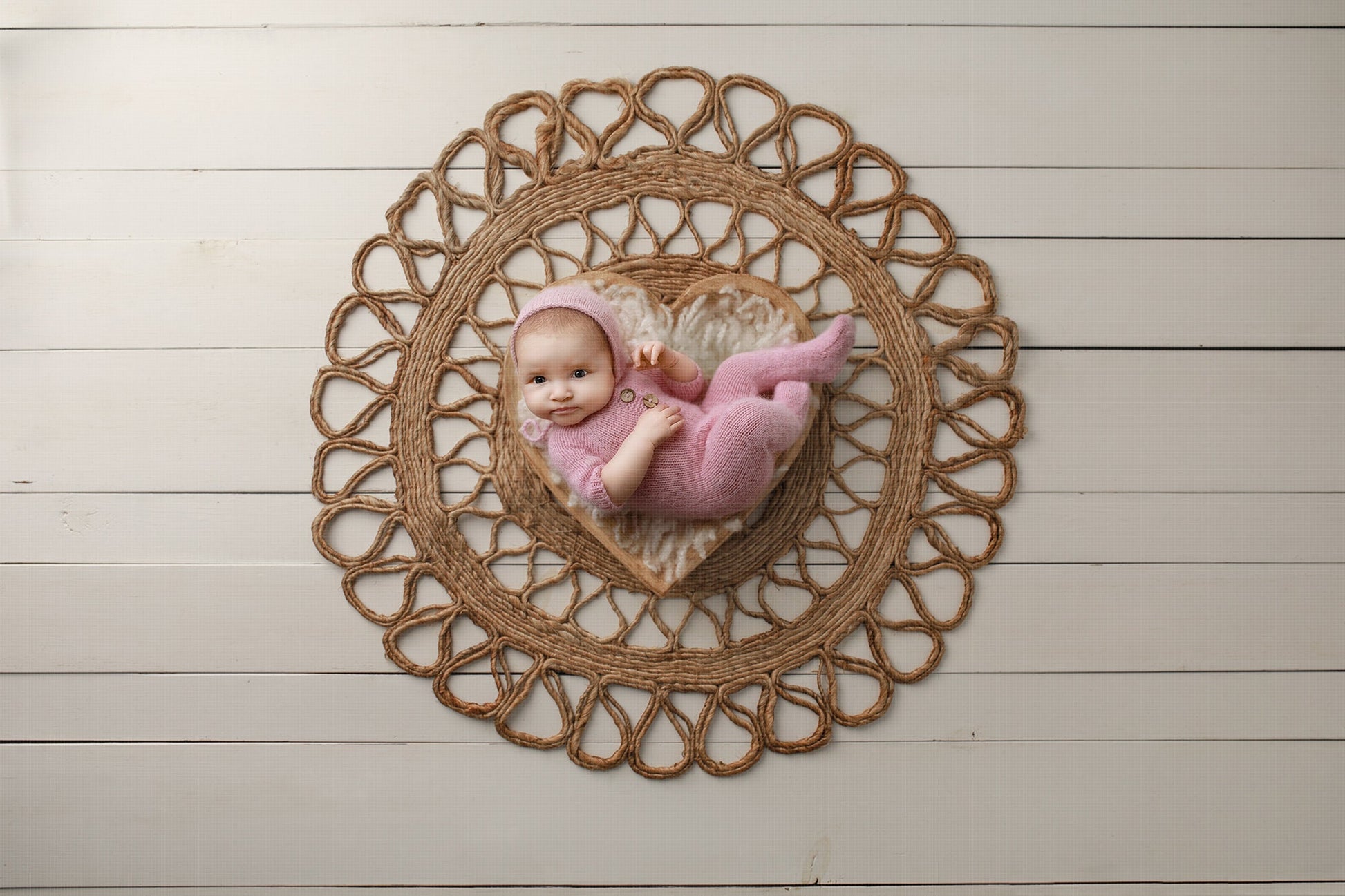 Newborn Digital Backdrop, Jute Rug with Heart Bowl Newborn Digital Background, Boho Newborn Digital Backdrop for Photoshop