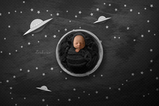 UFO Newborn Digital Backdrop, Alien Spaceship Newborn Digital Background, Space Saucer and Stars Newborn Backdrop for Photoshop Composites