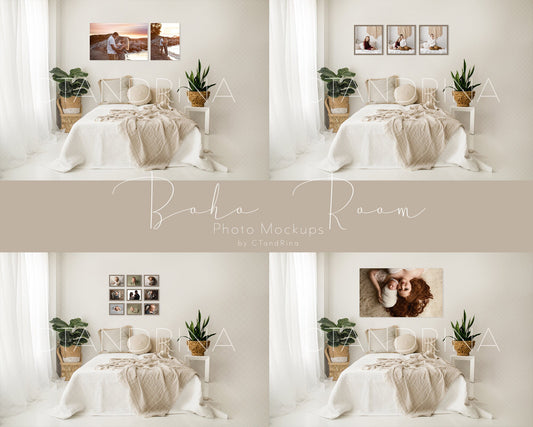 8 Boho Themed Bedroom Photo Wall Mockups, Client Mockup Templates, Wall Mockups with Photo Masks, Bedroom Wall Mockup for Photoshop