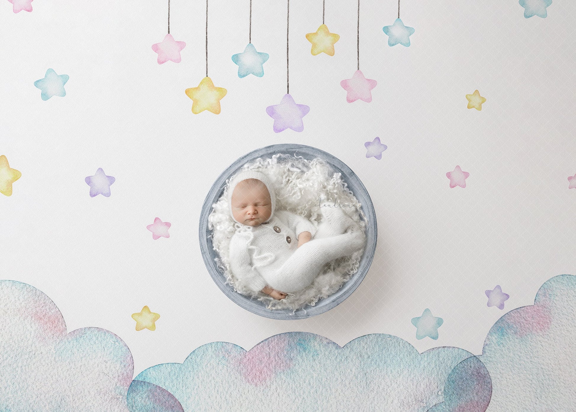 Watercolor Hanging Stars and Clouds Newborn Digital Backdrop, Newborn Boy Digital Backdrop, Newborn Girl Digital Backdrop for Photoshop