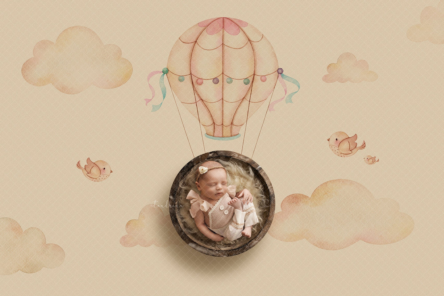 Newborn Digital Backdrop, Warm Tones Hot Air Balloon Newborn Digital Backdrop, Watercolor Hot Air Balloon Newborn Backdrop for Photoshop