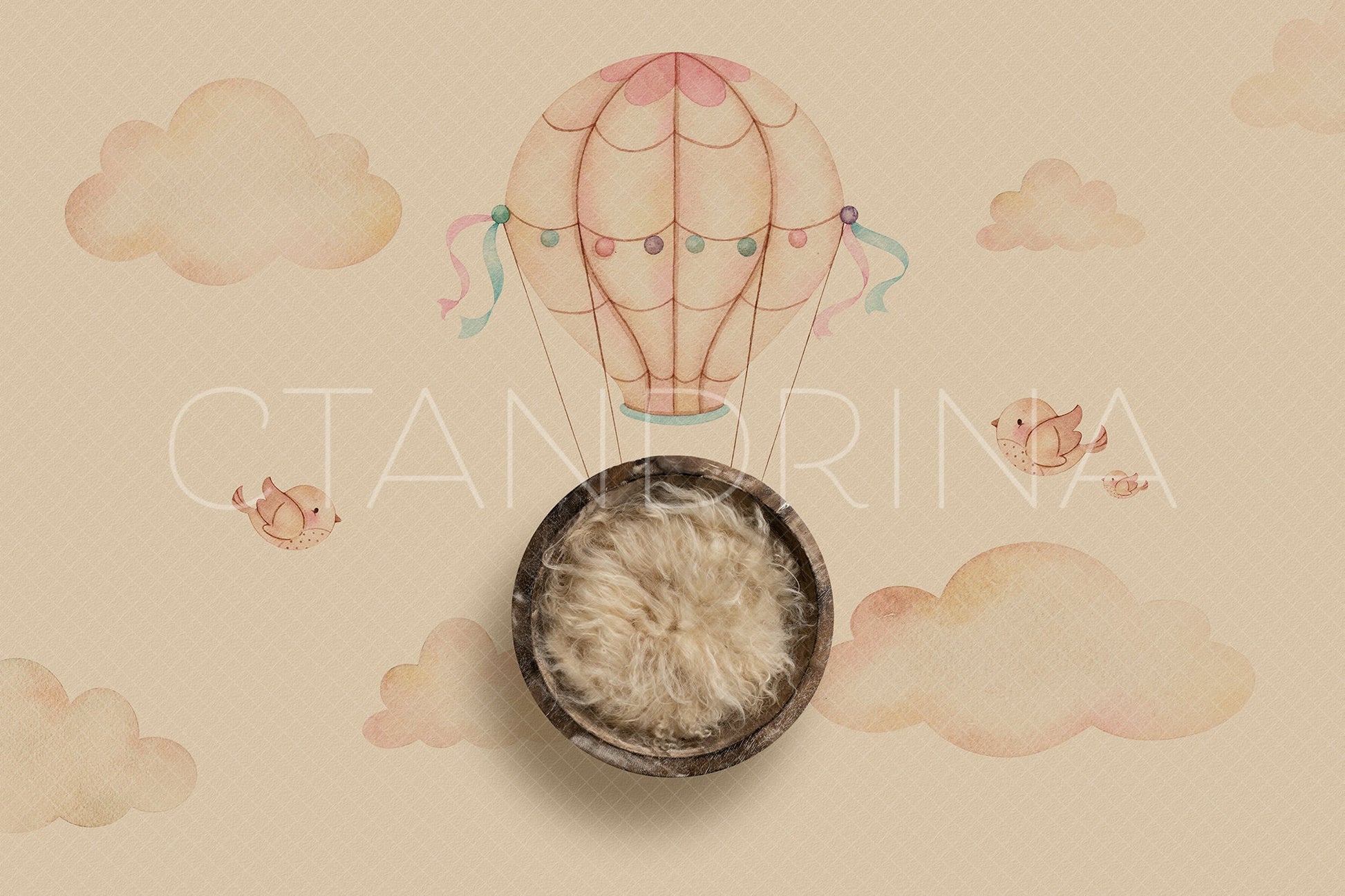 Newborn Digital Backdrop, Warm Tones Hot Air Balloon Newborn Digital Backdrop, Watercolor Hot Air Balloon Newborn Backdrop for Photoshop