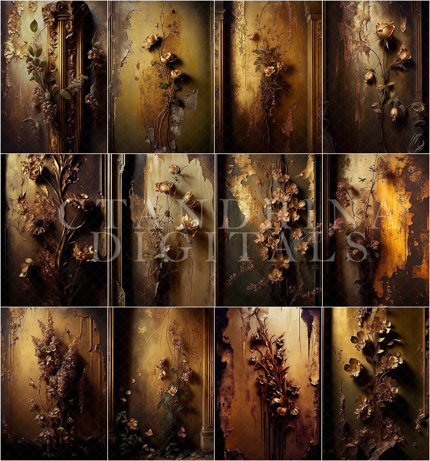 Gold Flower Wall Digital Backdrop Overlays, Gold Floral Skinny Canvas Digital Backdrops, Maternity Digital Backdrops for Photoshop Composite