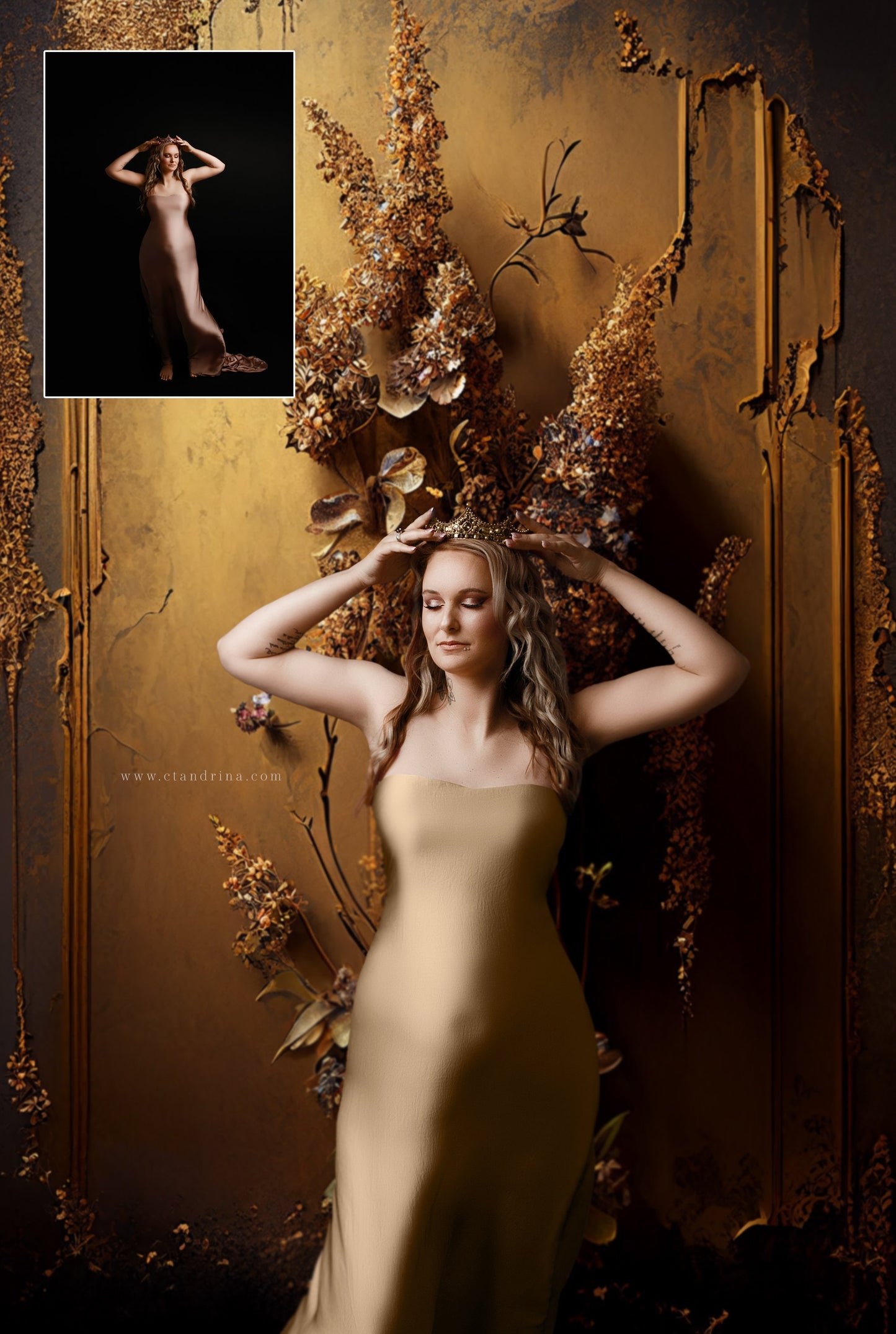 Gold Flower Wall Digital Backdrop Overlays, Gold Floral Skinny Canvas Digital Backdrops, Maternity Digital Backdrops for Photoshop Composite