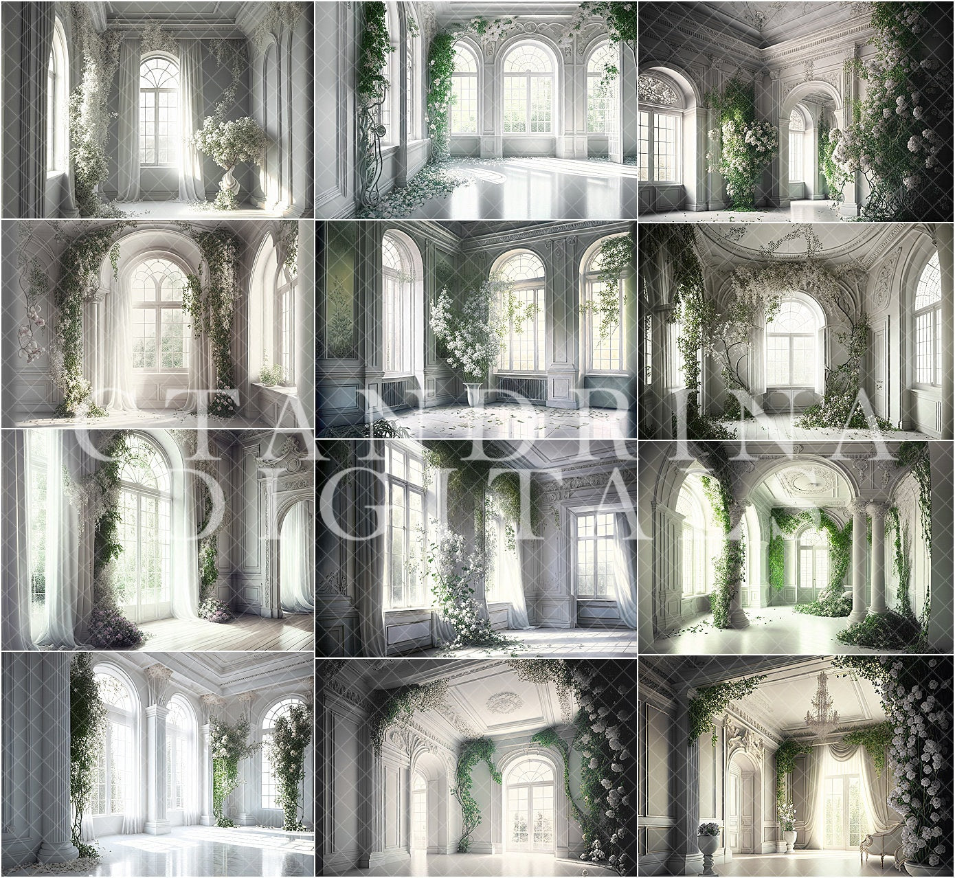 White Floral Vine Room Digital Backdrops, Beautiful Abstract Digital Backdrops for Photography Composites, Maternity Digital Backdrops