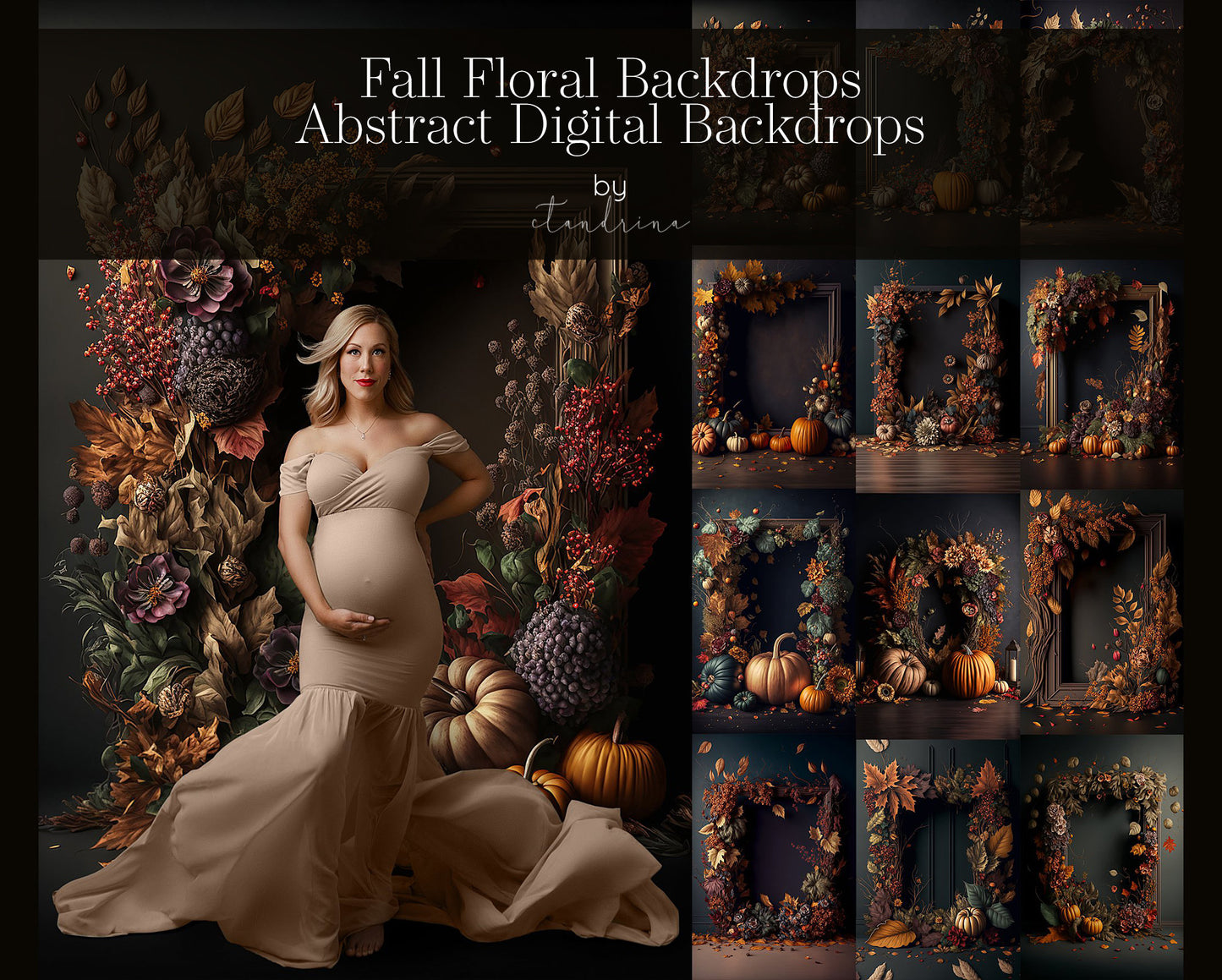 Autumn Floral Digital Backdrops, Abstract Fall Digital Backdrop Overlays, Maternity Backdrop Overlays, Maternity Backdrops for Photoshop