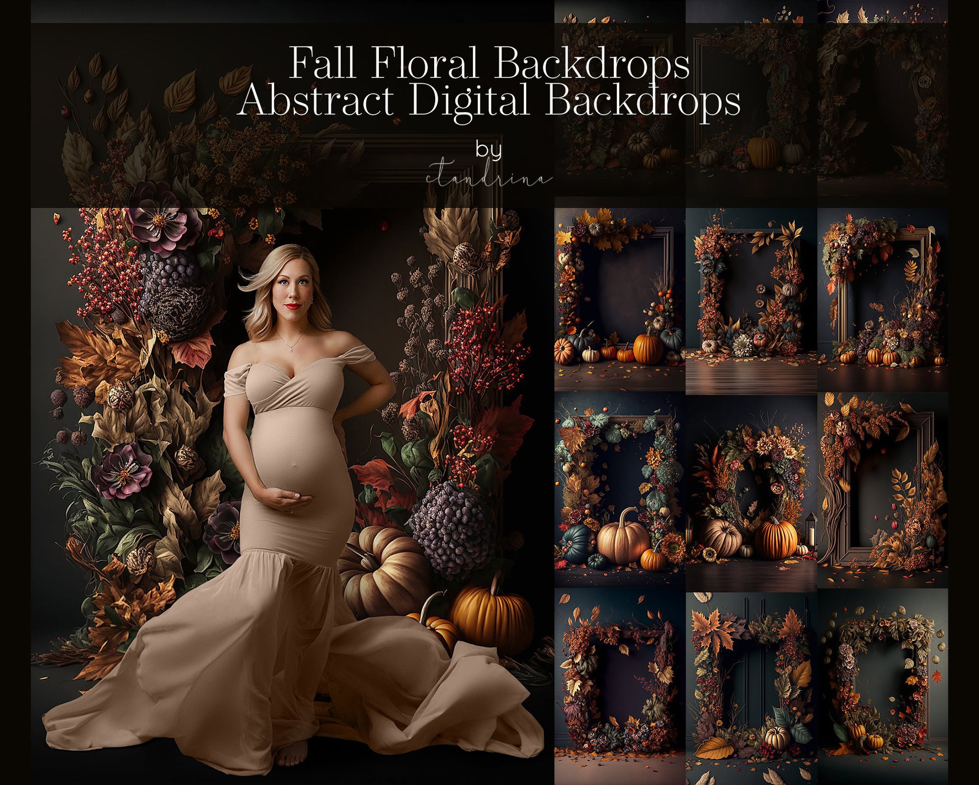 Autumn Floral Digital Backdrops, Abstract Fall Digital Backdrop Overlays, Maternity Backdrop Overlays, Maternity Backdrops for Photoshop