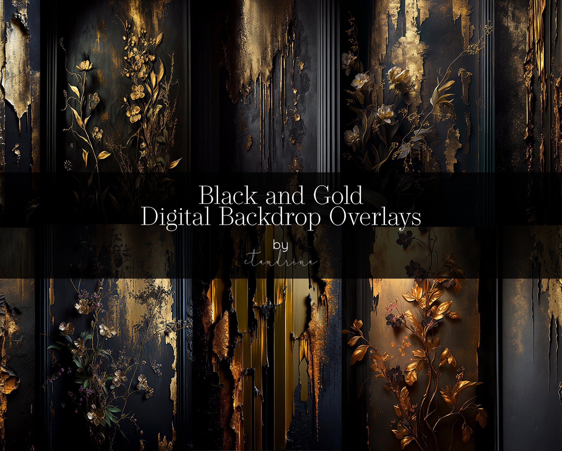 Black and Gold Wall Digital Backdrop Overlays, Skinny Canvas Digital Backdrops, Maternity Digital Backdrops for Photoshop Composites