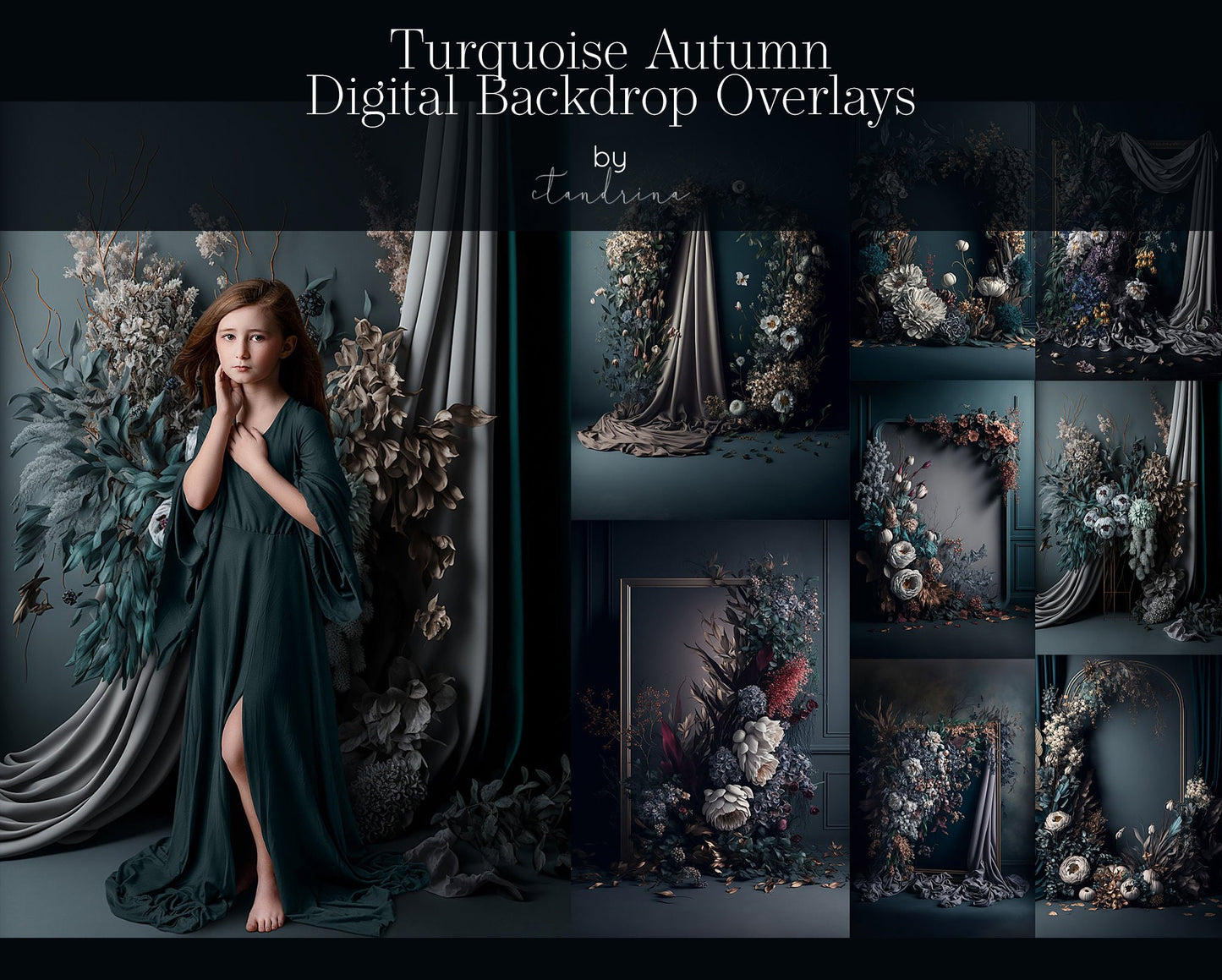 Turquoise Autumn Digital Backdrop Overlays, Fall Florals with Turquoise Backdrop, Maternity and Fashion Digital Backdrops for Photoshop