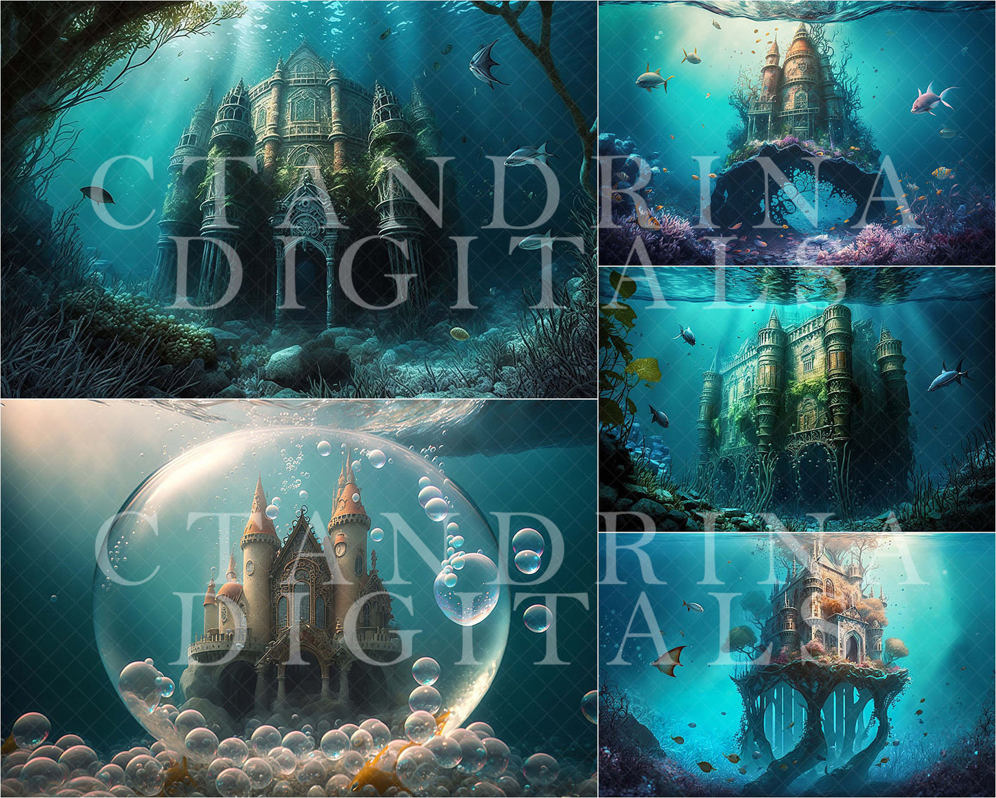 Magical Underwater Castle Digital Backdrops, Fantasy Digital Backdrops for Photoshop Composite, Mermaid Castle Backdrop, Under the Sea