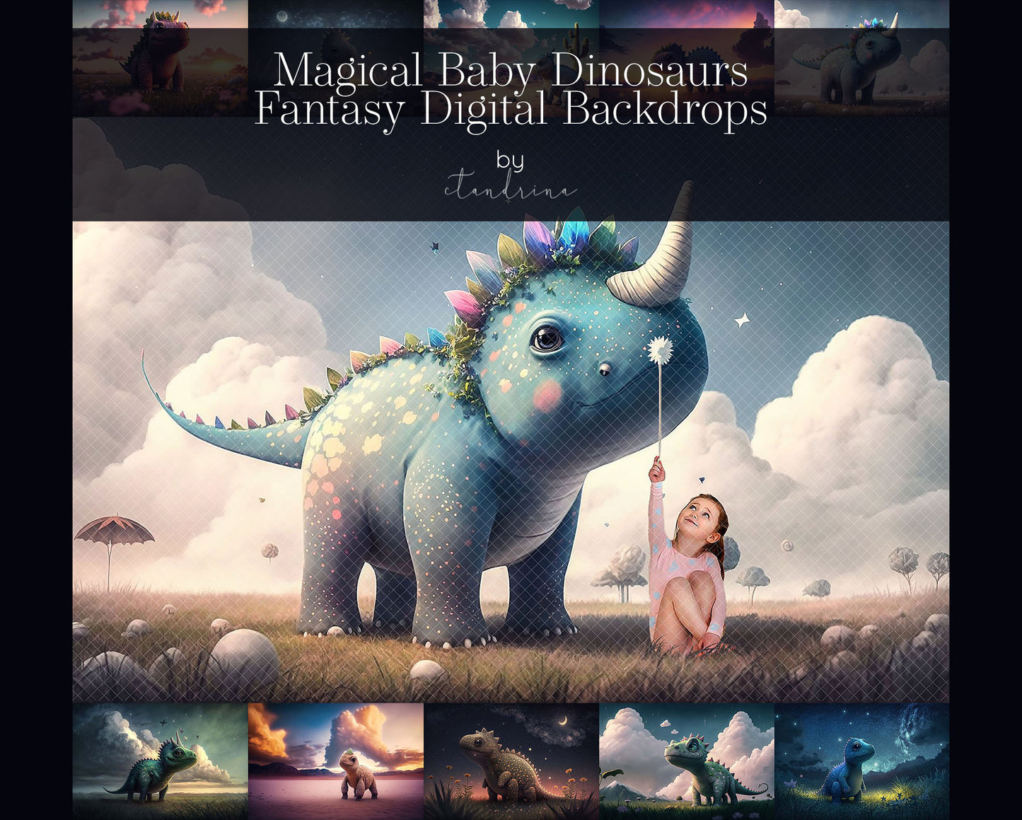 Magical Baby Dino Digital Backdrops, Fantasy Dinosaur Digital Backdrops for Photoshop Composite, Dreamy Dinosaur Backgrounds