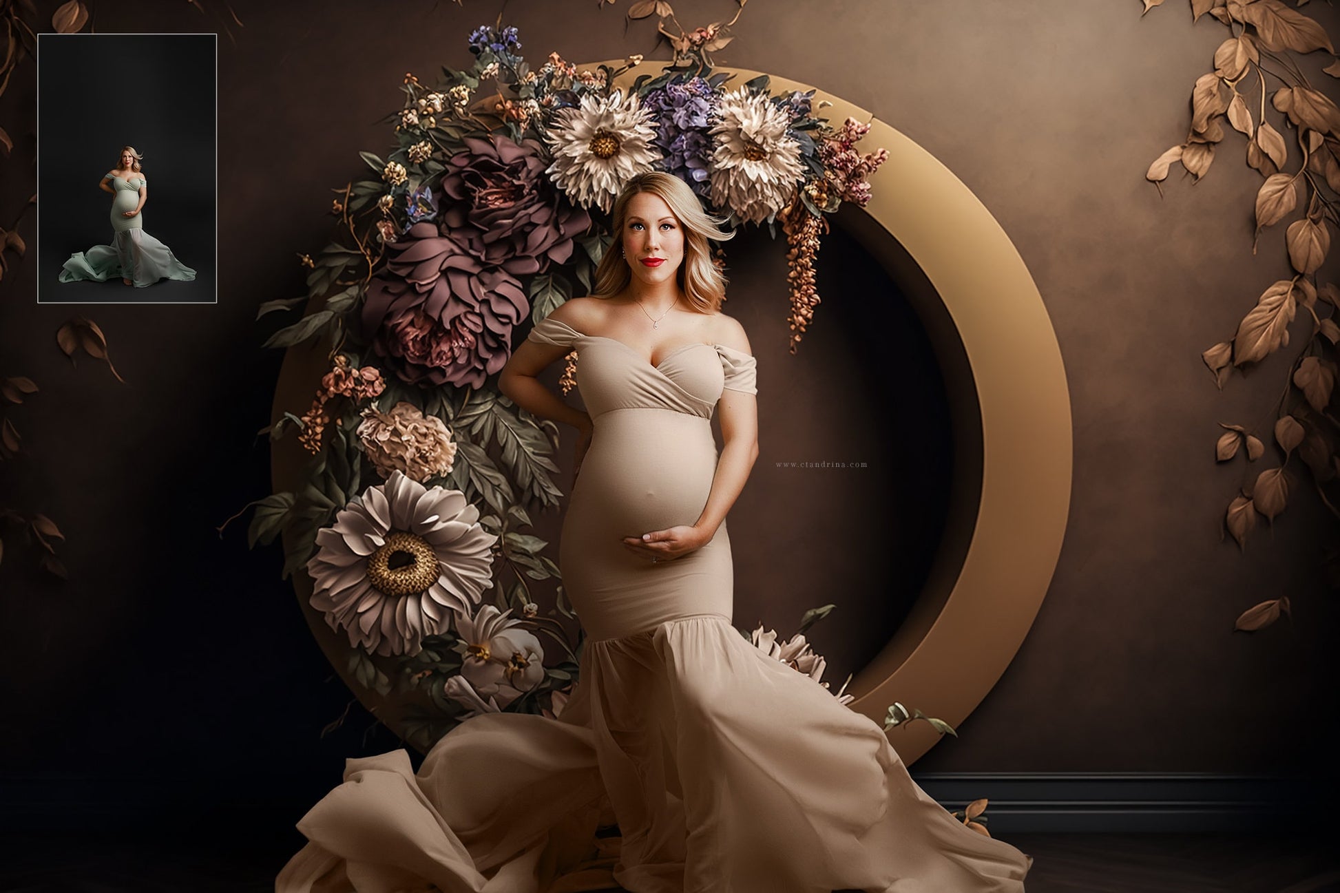 maternity digital backdrops, fine art floral ring backdrops, maternity backdrops best sellers, studio digital backdrops, ctandrina, original floral ring backdrops, spring floral backdrops, brown floral hoop backdrops