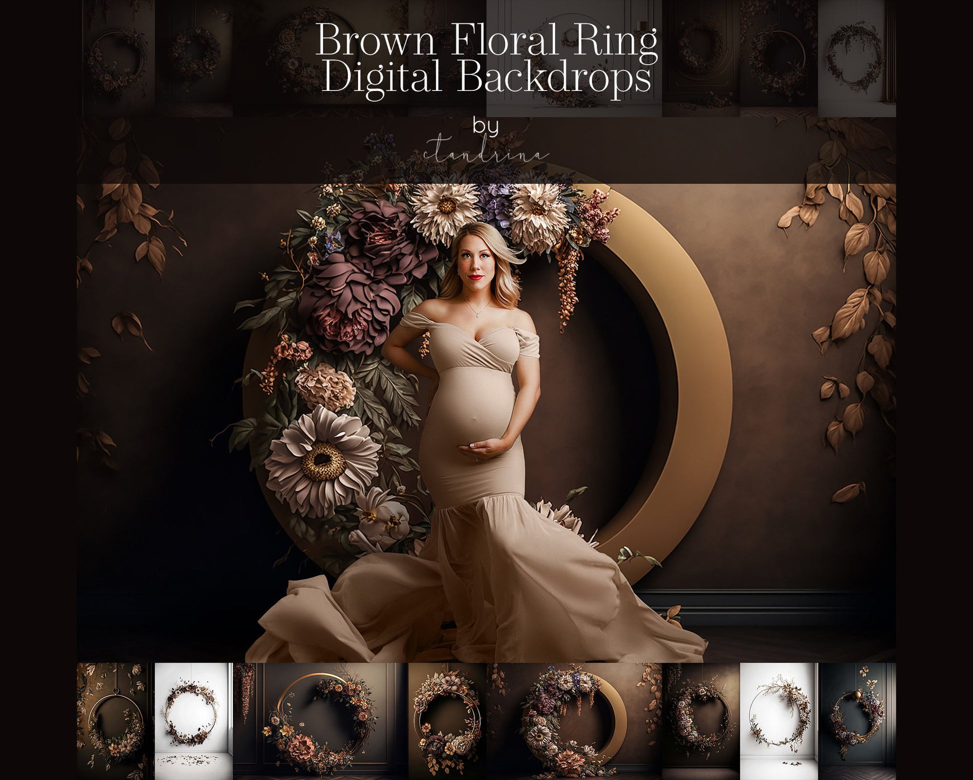 maternity digital backdrops, fine art floral ring backdrops, maternity backdrops best sellers, studio digital backdrops, ctandrina, original floral ring backdrops, spring floral backdrops, brown floral hoop backdrops