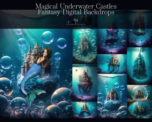 Magical Underwater Castle Digital Backdrops, Fantasy Digital Backdrops for Photoshop Composite, Mermaid Castle Backdrop, Under the Sea