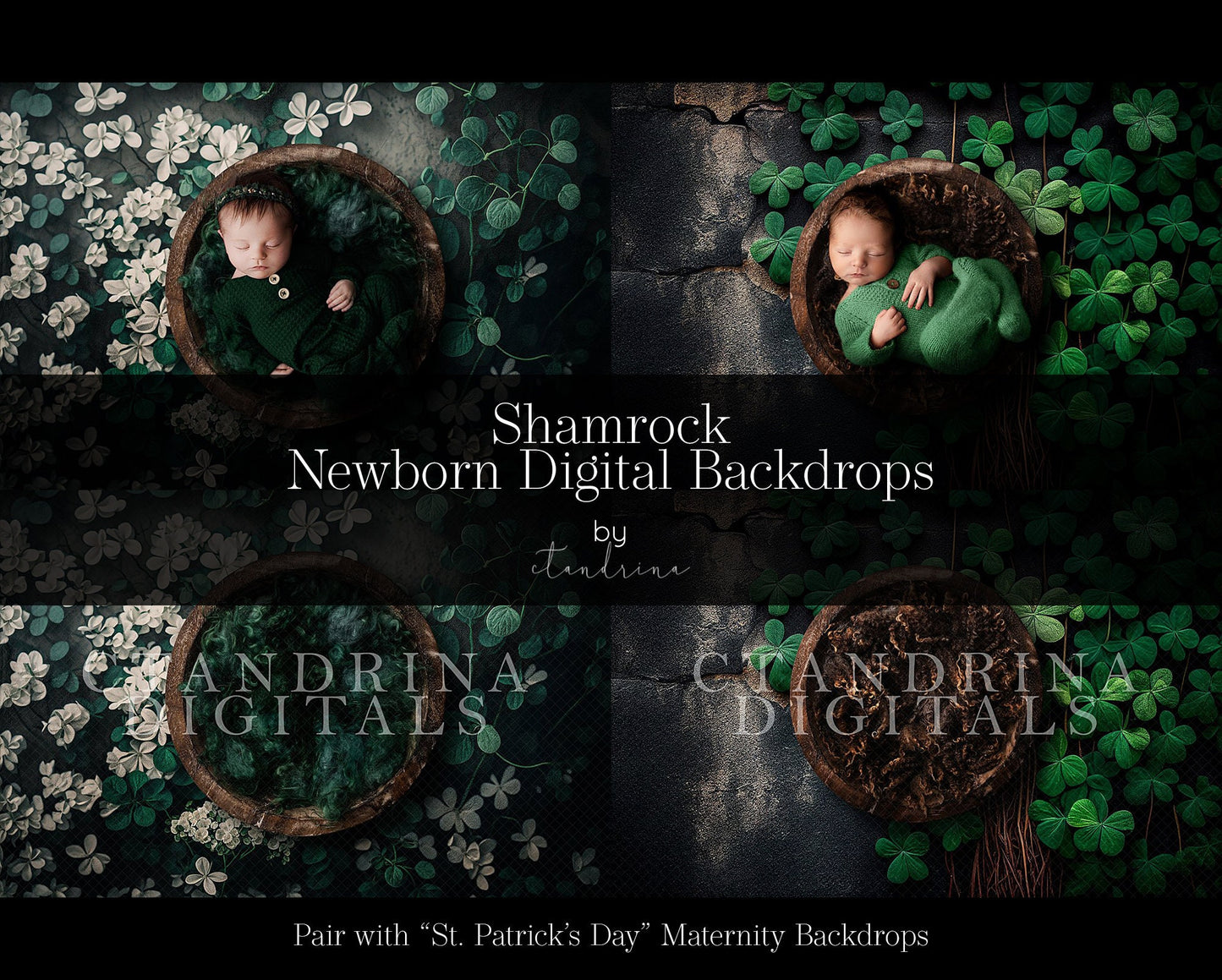 Shamrock Newborn Digital Backdrops, St. Patrick's Day Newborn Backdrop, Shamrock and Florals Newborn Digital Backdrops for Photoshop