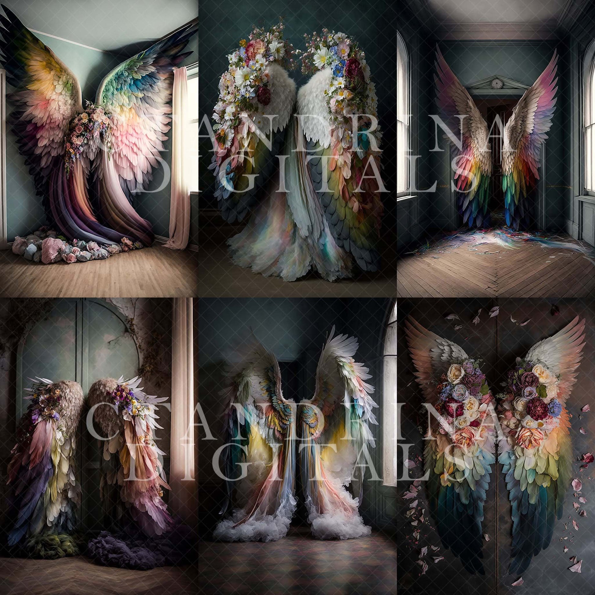 Rainbow Wings Digital Backdrops, Rainbow Angel Wing Luxury Maternity Digital Backdrops, Rainbow Baby Backdrops for Photoshop Composite