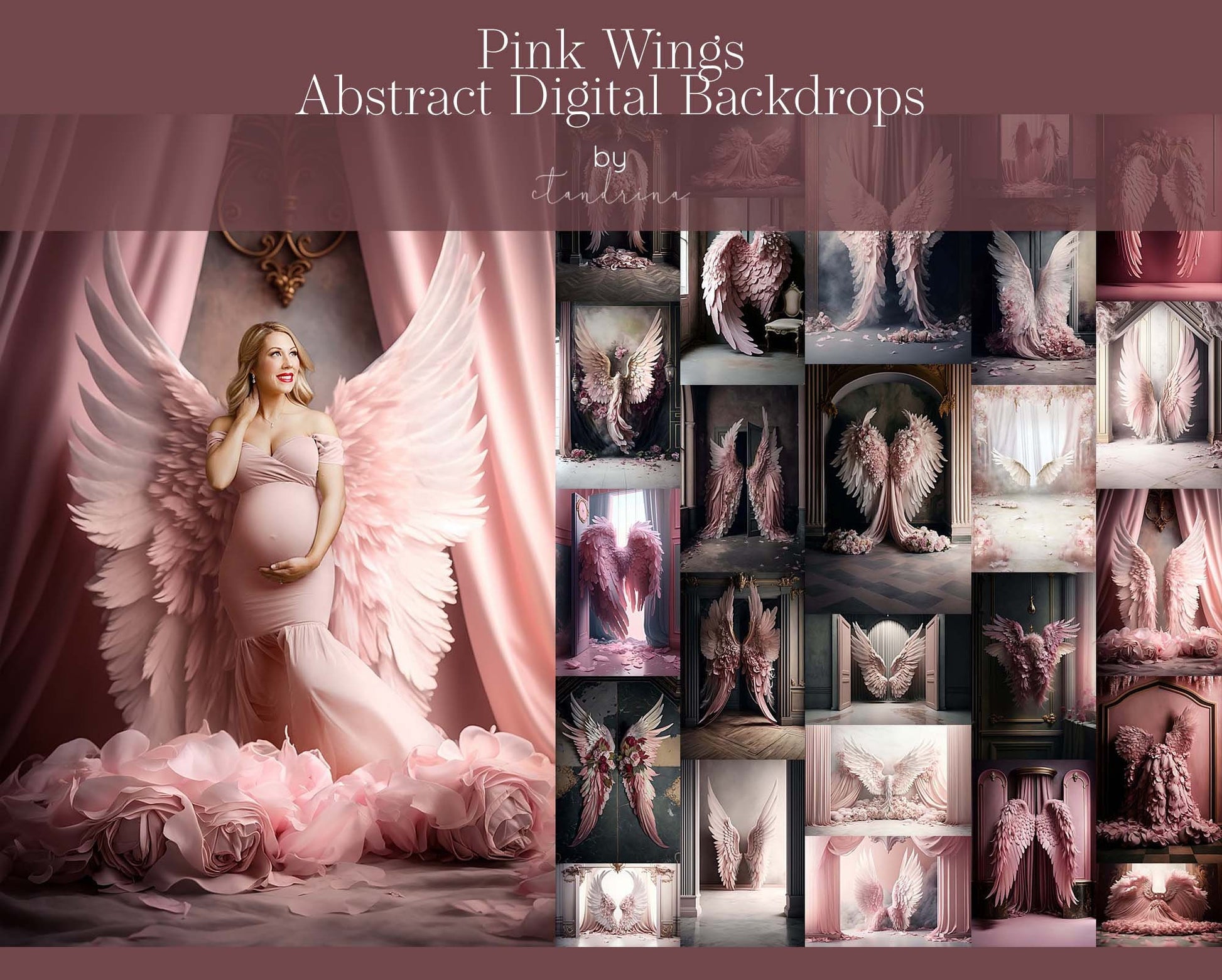 Pink Wings Digital Backdrops, Blush Angel Wing Luxury Maternity Digital Backdrops, Portrait Digital Backdrops for Photoshop Composite