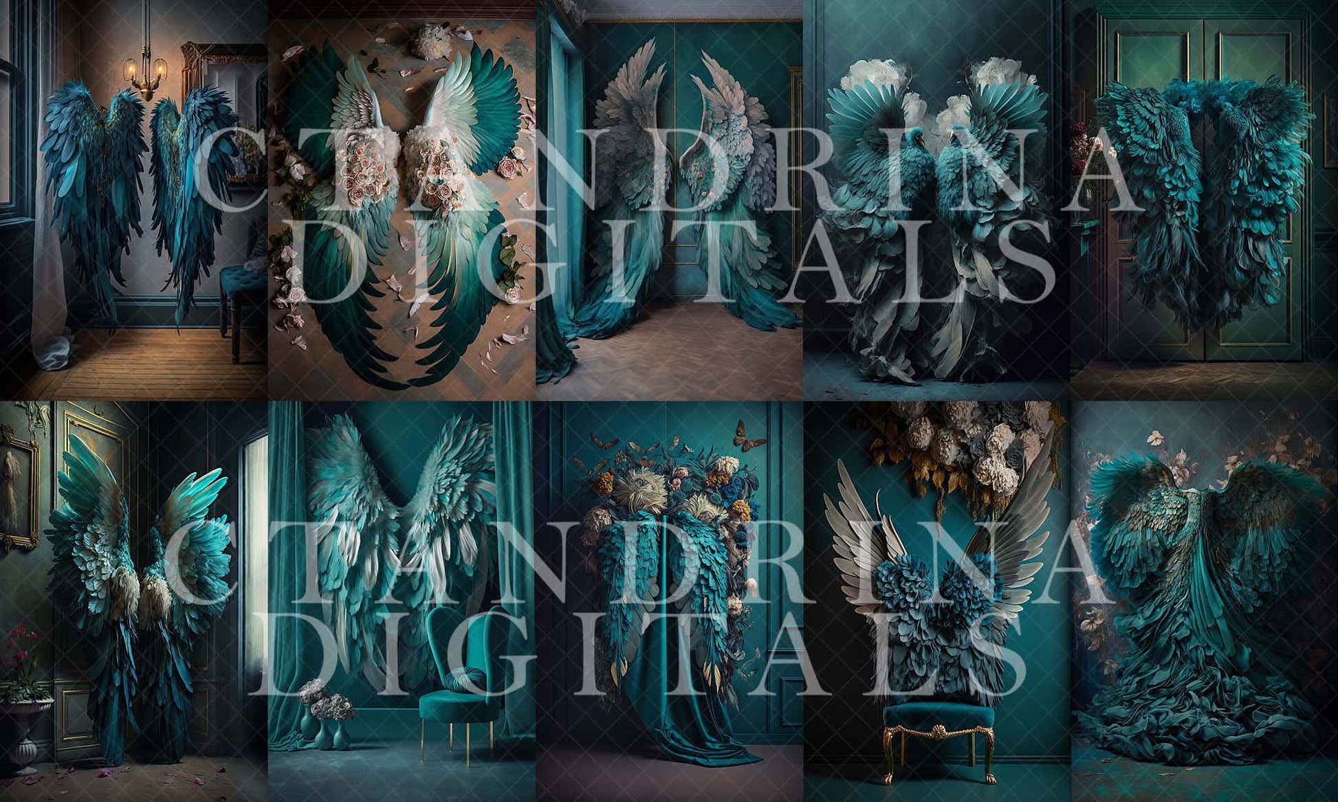 Turquoise Wings Digital Backdrops, Teal Angel Wing Luxury Maternity Digital Backdrops, Portrait Digital Backdrops for Photoshop Composite