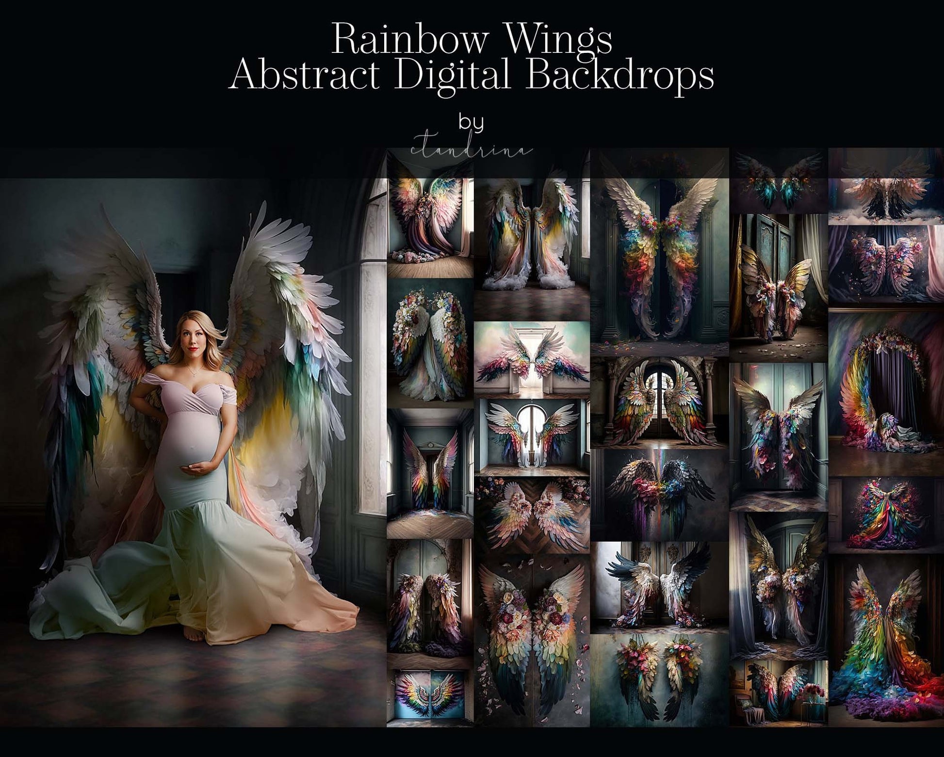 Rainbow Wings Digital Backdrops, Rainbow Angel Wing Luxury Maternity Digital Backdrops, Rainbow Baby Backdrops for Photoshop Composite