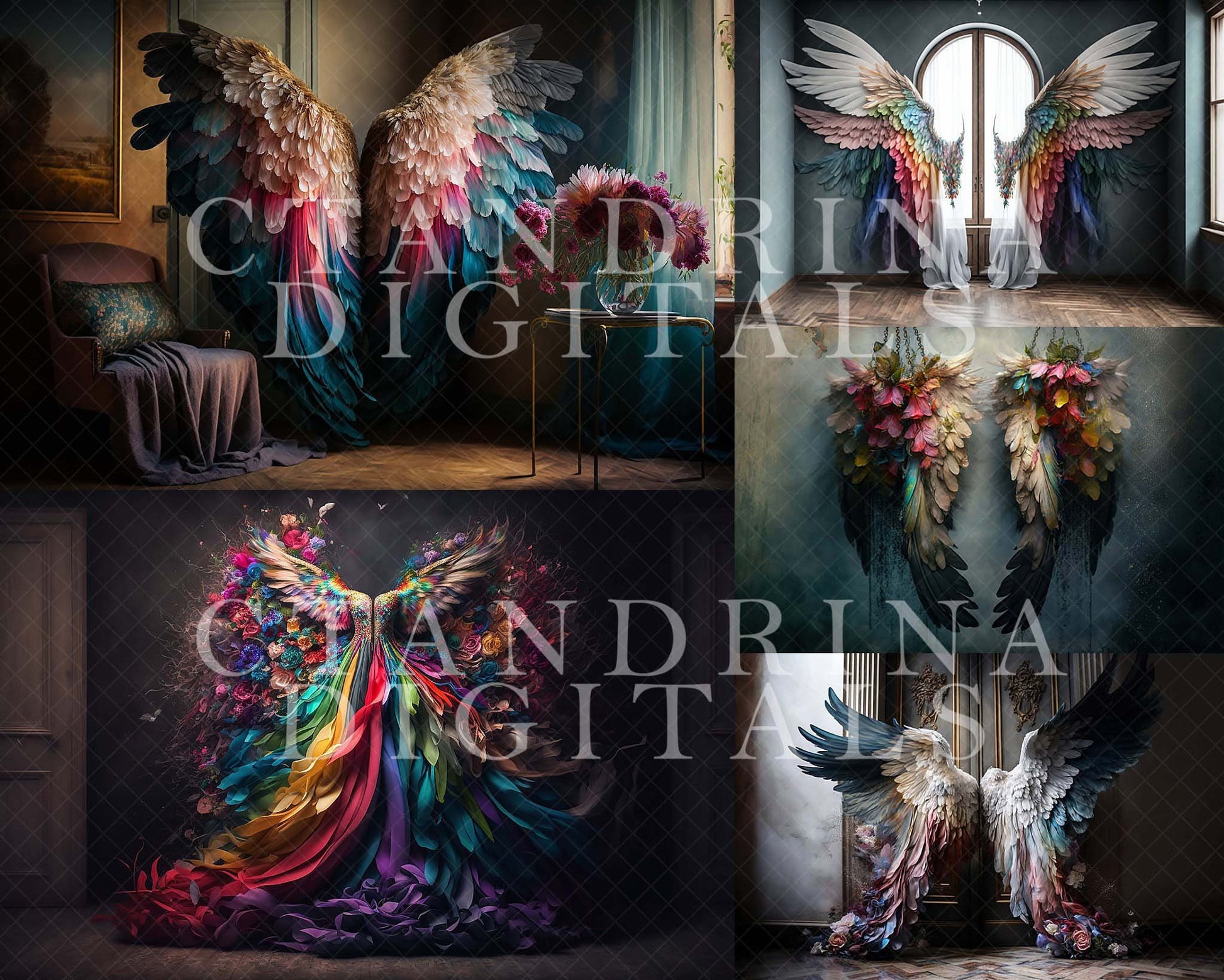 Rainbow Wings Digital Backdrops, Rainbow Angel Wing Luxury Maternity Digital Backdrops, Rainbow Baby Backdrops for Photoshop Composite