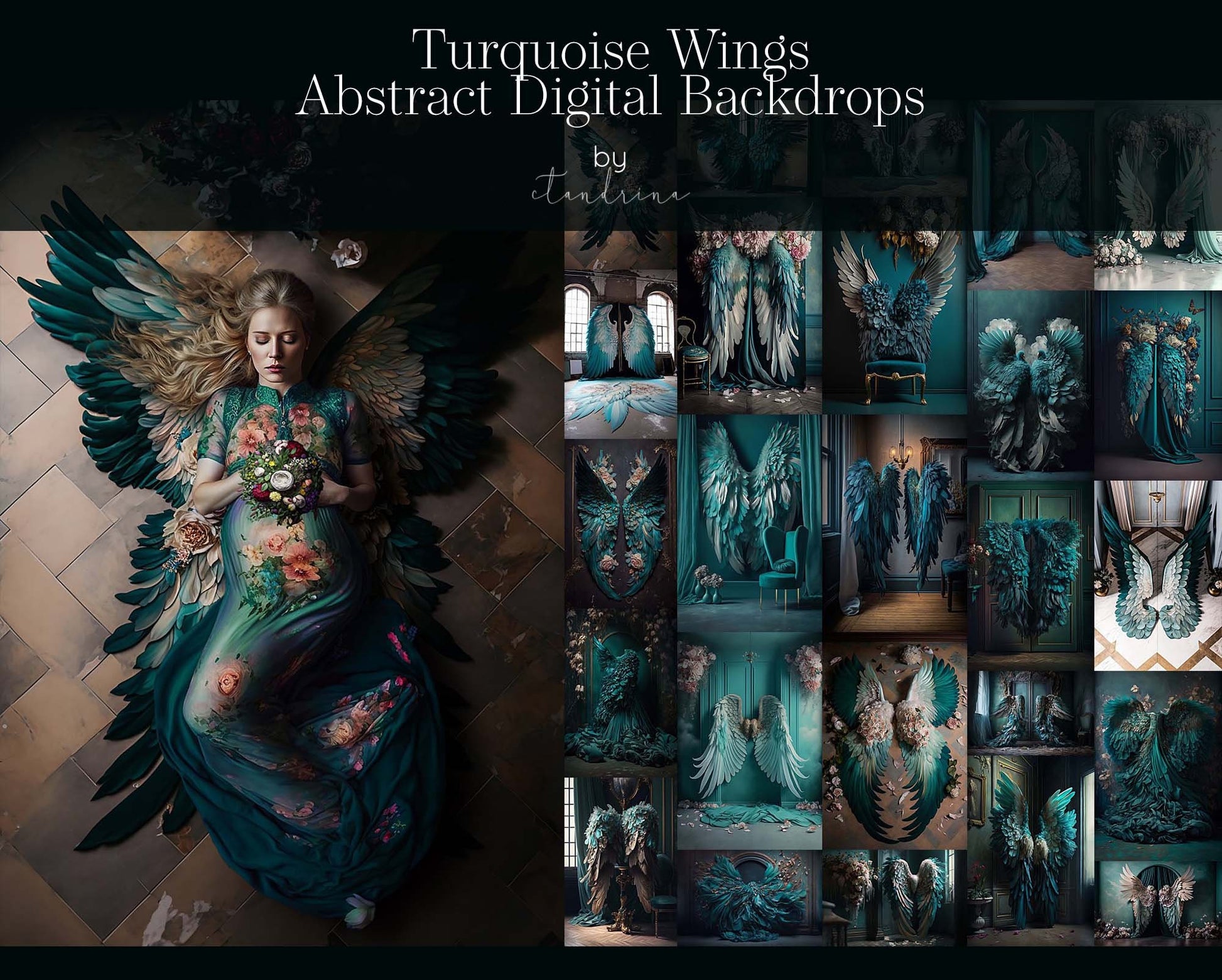 Turquoise Wings Digital Backdrops, Teal Angel Wing Luxury Maternity Digital Backdrops, Portrait Digital Backdrops for Photoshop Composite