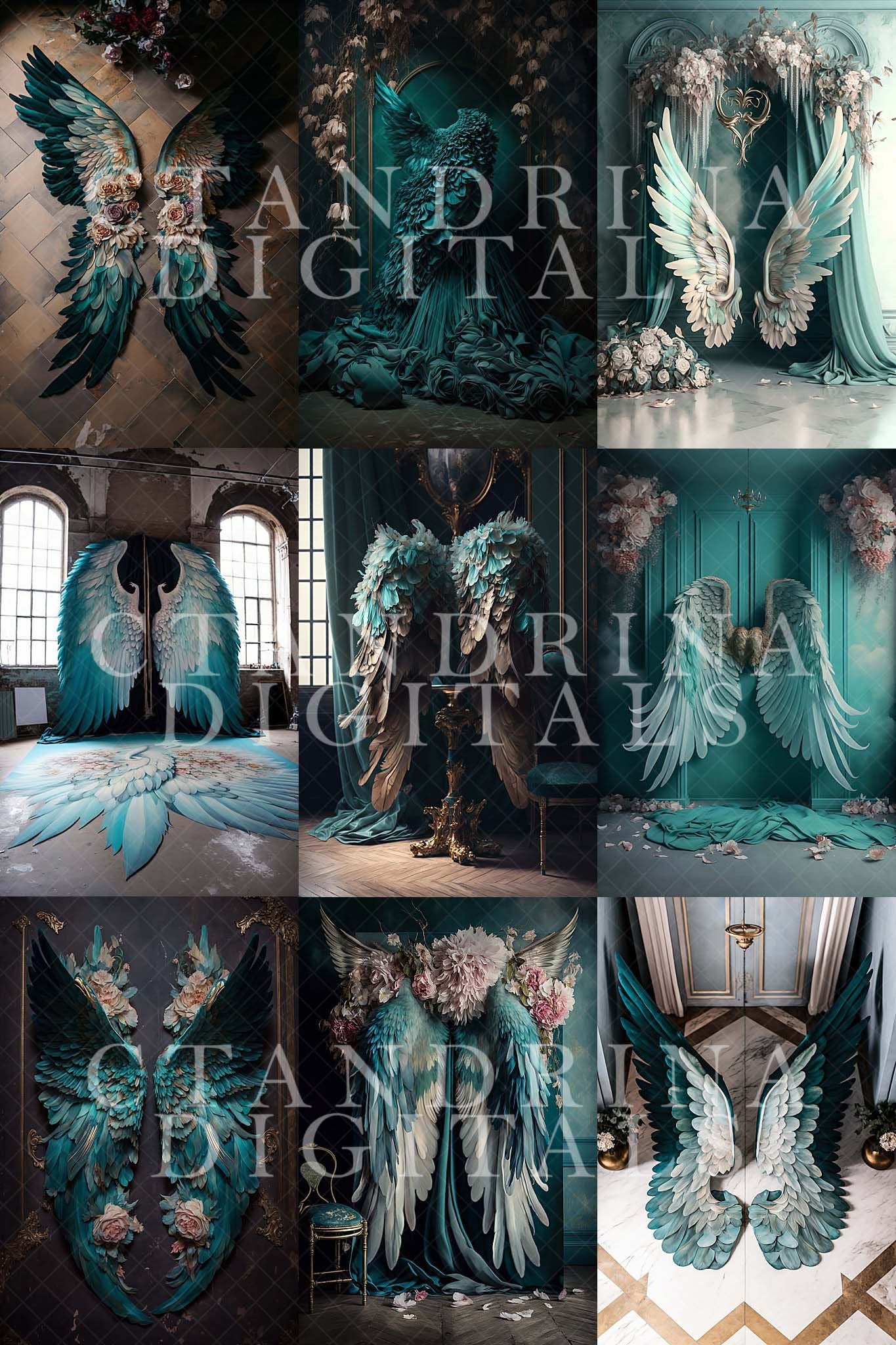 Turquoise Wings Digital Backdrops, Teal Angel Wing Luxury Maternity Digital Backdrops, Portrait Digital Backdrops for Photoshop Composite