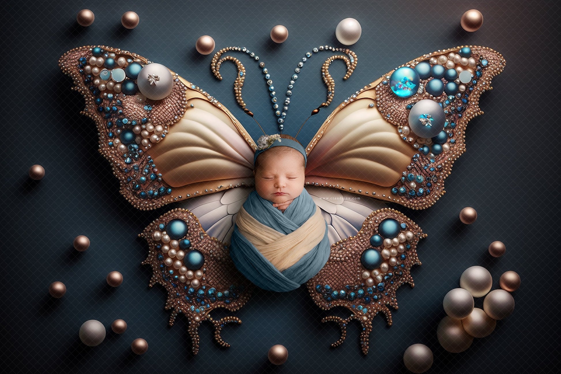 Blue and Gold Butterfly Newborn Digital Backdrops, Butterfly with Jewels and Pearls Baby Background, Newborn Backdrops for Photoshop