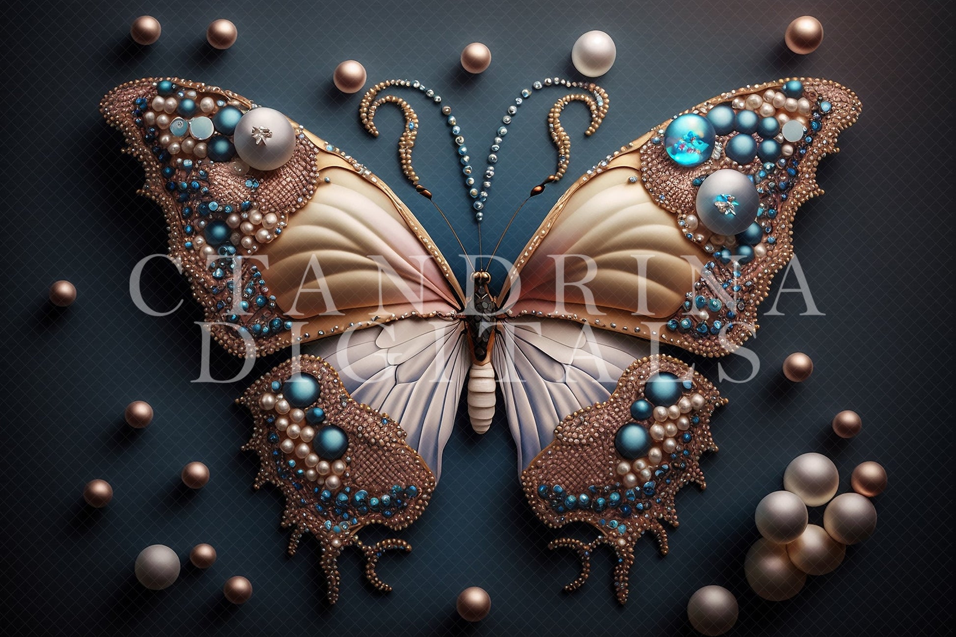 Blue and Gold Butterfly Newborn Digital Backdrops, Butterfly with Jewels and Pearls Baby Background, Newborn Backdrops for Photoshop