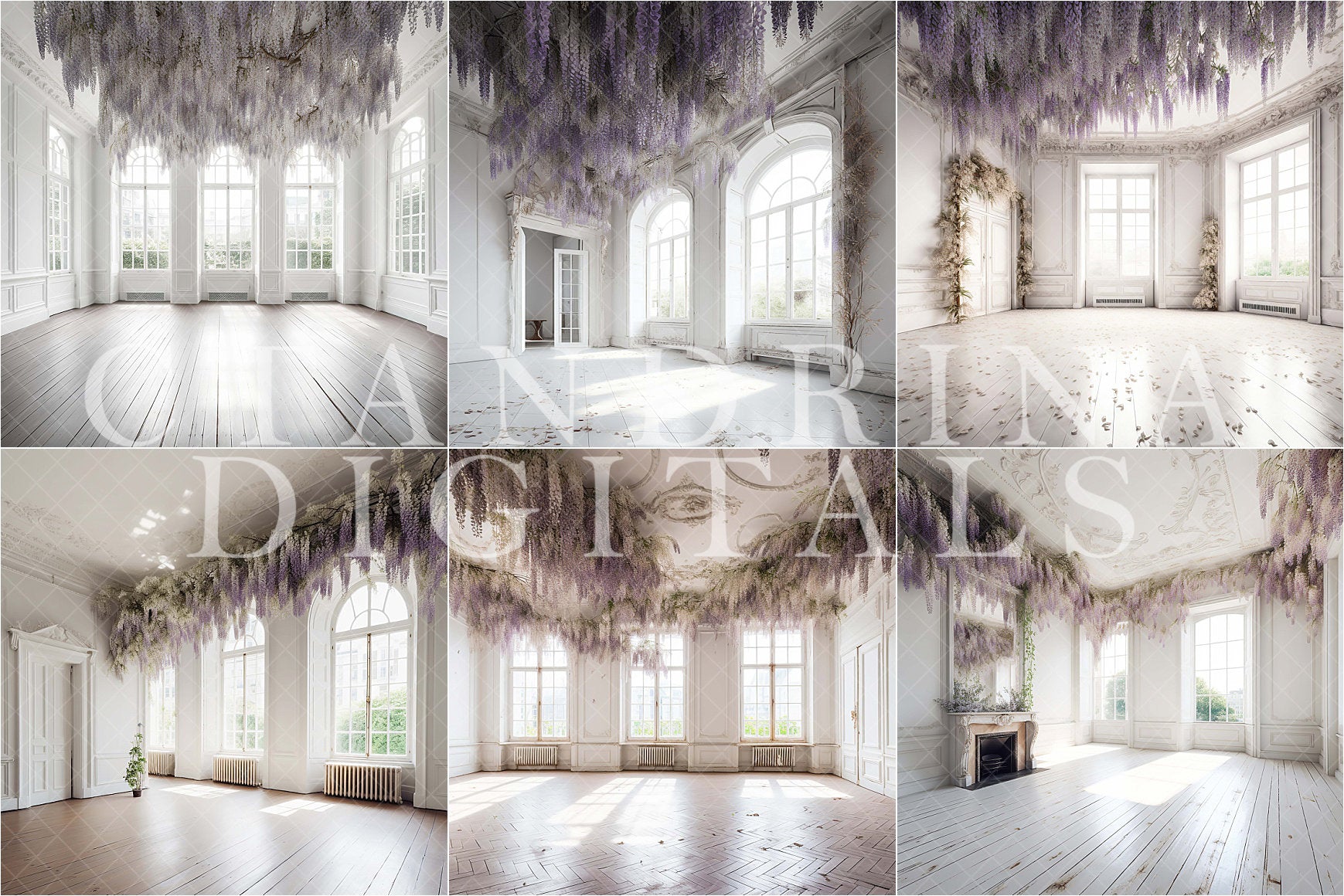 White and Wisteria Digital Backdrops, White Room with Hanging Wisteria Backgrounds for Photoshop Composite, Maternity Digital Backdrops