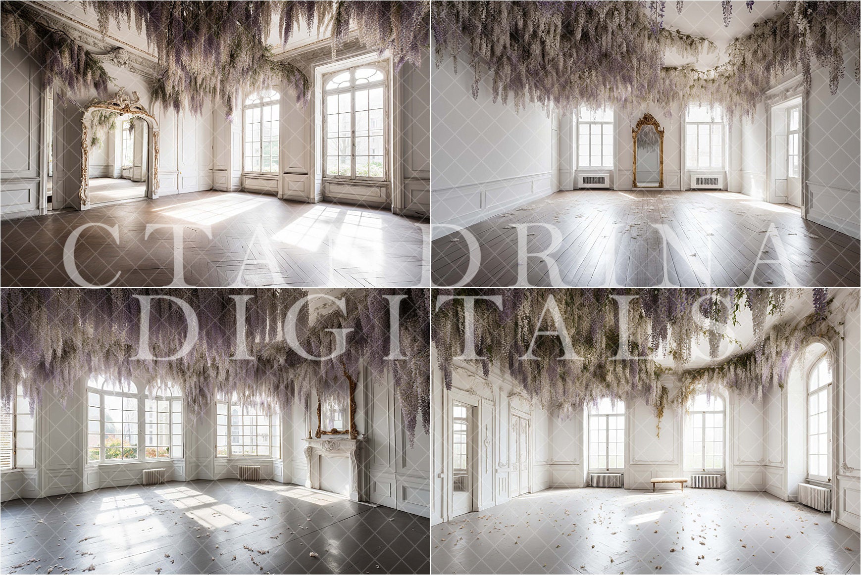 White and Wisteria Digital Backdrops, White Room with Hanging Wisteria Backgrounds for Photoshop Composite, Maternity Digital Backdrops