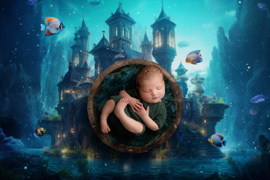 Under the Sea Newborn Digital Backdrop, Underwater Castle Baby Background, Mermaid Castle Newborn Backdrop for Photoshop Composites