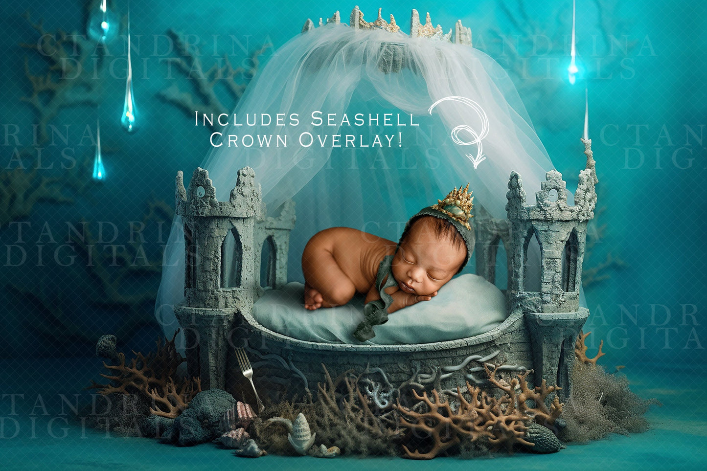 2 Under the Sea Newborn Digital Backdrops, Mermaid Inspired Newborn Digital Background, Mermaid Castle Baby Backdrop, Seashell Crown Overlay