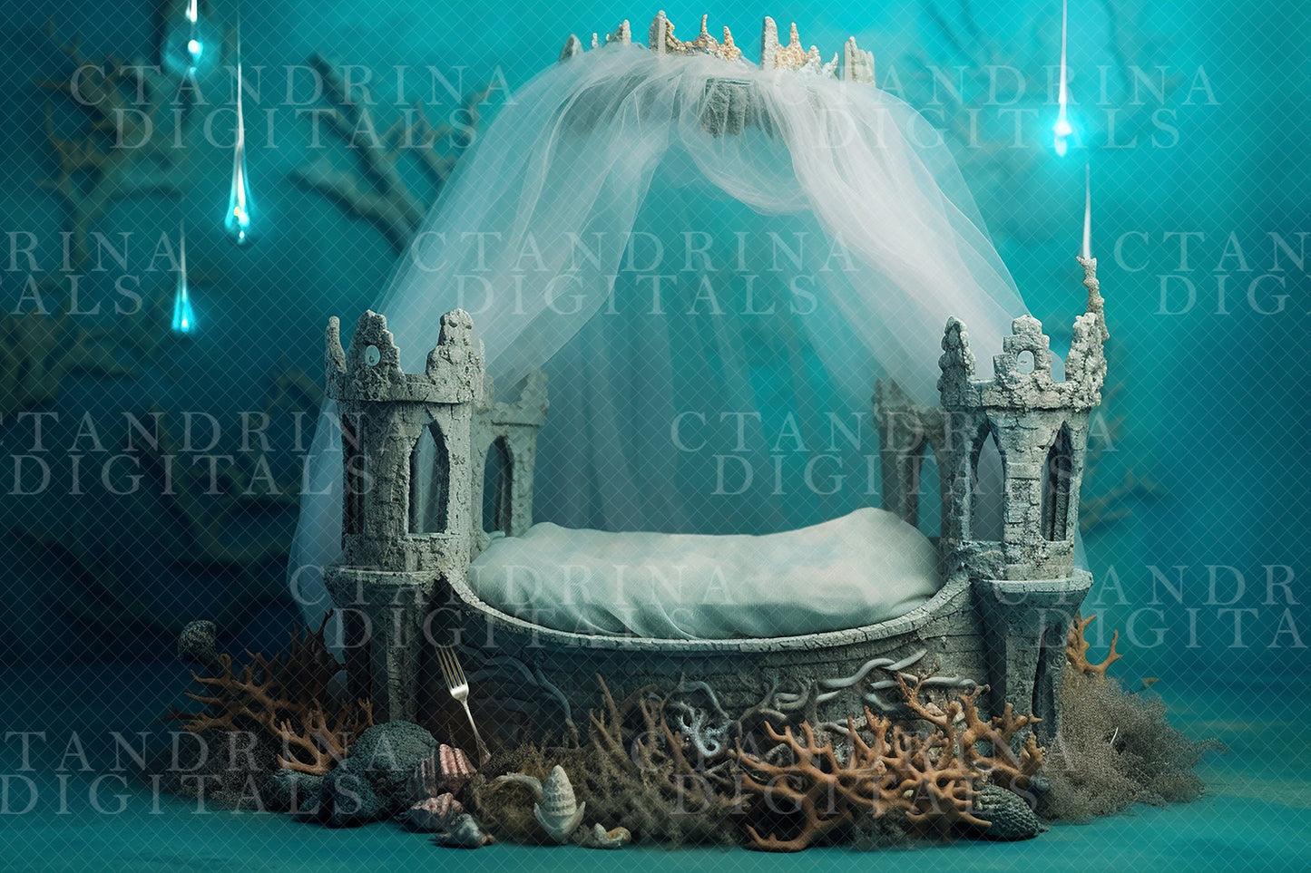 2 Under the Sea Newborn Digital Backdrops, Mermaid Inspired Newborn Digital Background, Mermaid Castle Baby Backdrop, Seashell Crown Overlay