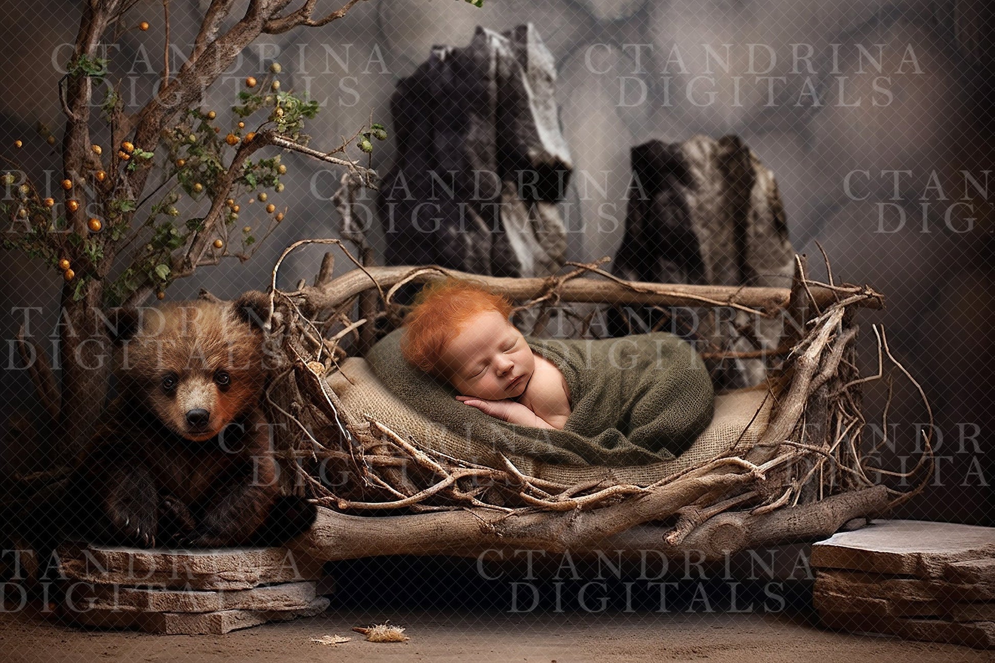 Bear Cub Newborn Digital Backdrop, Woodsy Baby Backdrop, Newborn Bear and Woods Digital Backdrop for Photoshop Composites