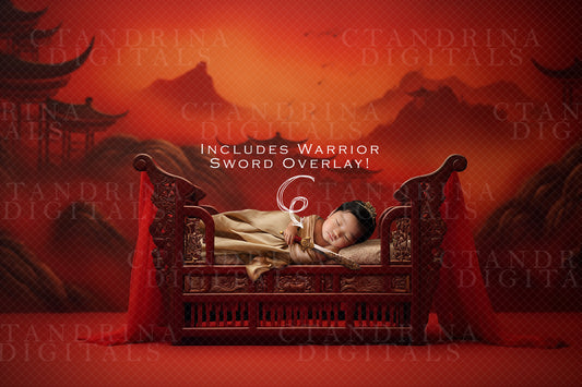 Chinese Princess Warrior Newborn Digital Backdrop, Samurai Baby Backdrop, Themed Newborn Backdrops for Photoshop Composites, Sword Overlay