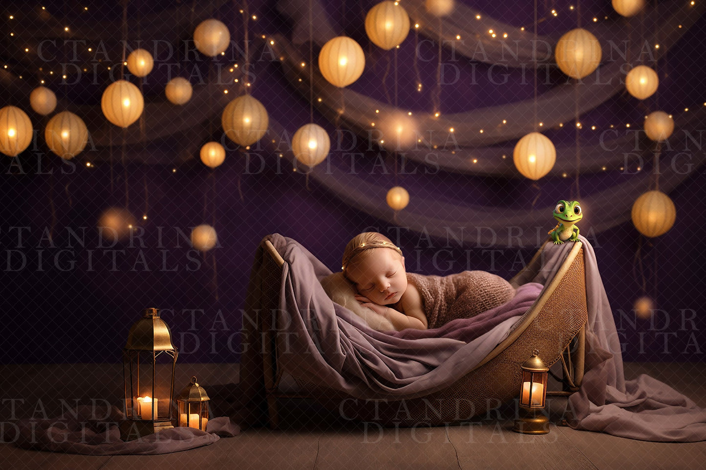 Lantern Princess Newborn Digital Backdrop, Lanterns and Pet Princess Baby Backdrop for Photoshop Composites, Themed Newborn Digital Backdrop