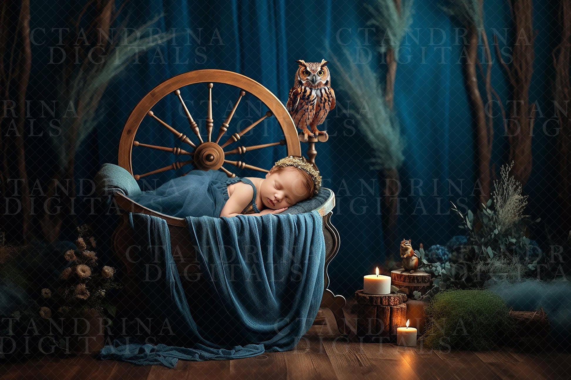 Sleeping Forrest Beauty Newborn Digital Backdrop, Woodsy Wheel Baby Digital Background for Photoshop Composites, Woodland Baby Backdrop