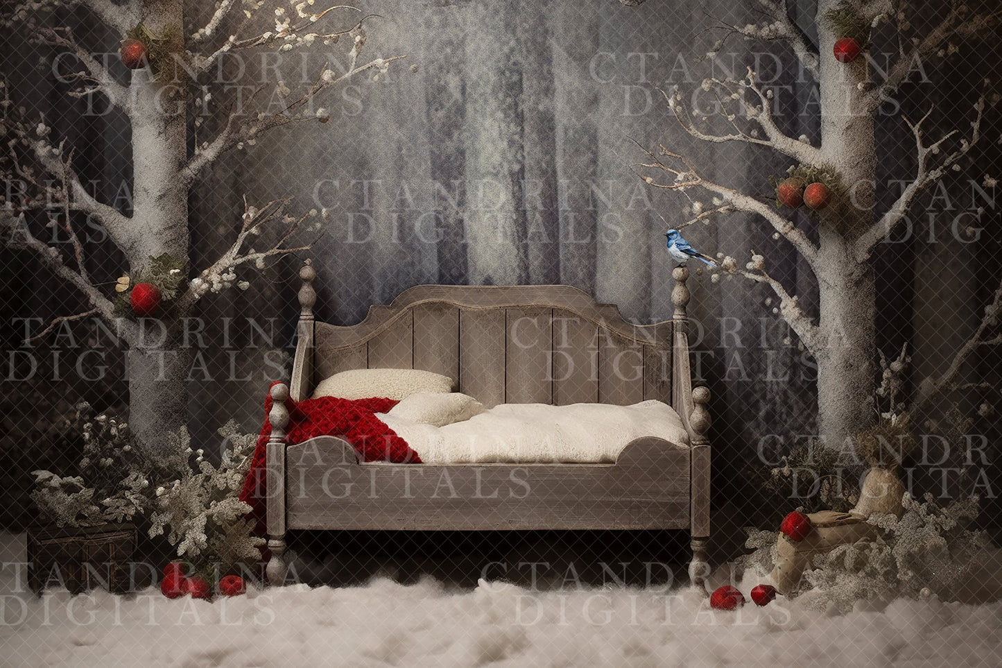 Frosted Trees Newborn Digital Backdrop, Winter Snow with a Blue Bird and Apples Baby Backdrop for Photoshop Composites, Snow Baby