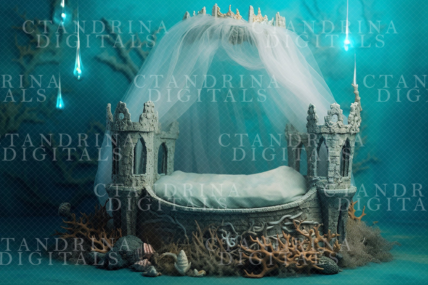 2 Under the Sea Newborn Digital Backdrops, Mermaid Inspired Newborn Digital Background, Mermaid Castle Baby Backdrop, Seashell Crown Overlay