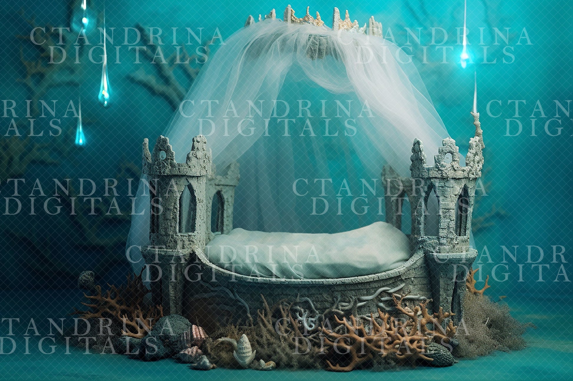 2 Under the Sea Newborn Digital Backdrops, Mermaid Inspired Newborn Digital Background, Mermaid Castle Baby Backdrop, Seashell Crown Overlay