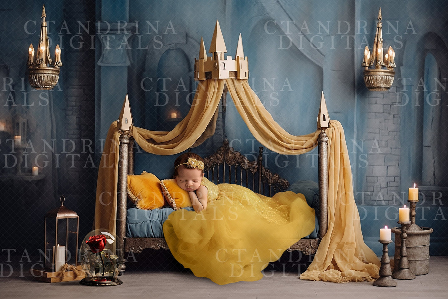 Princess Newborn Digital Backdrop, Princess Castle Baby Background, Blue and Yellow Baby Princess Backdrop for Photoshop Composites