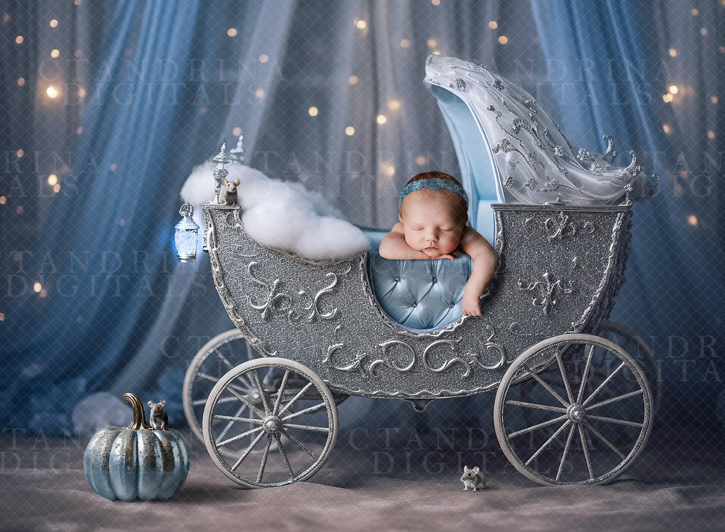 Princess Newborn Digital Backdrop, Blue and Silver Princess Carriage Newborn Backdrop, Carriage Baby Backdrop with a Pumpkin and Mice