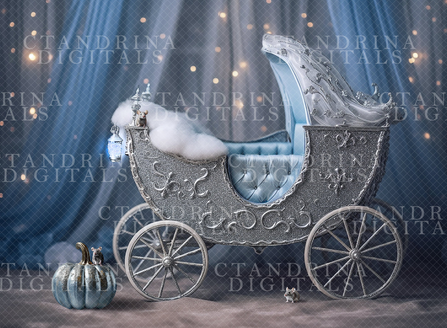 Princess Newborn Digital Backdrop, Blue and Silver Princess Carriage Newborn Backdrop, Carriage Baby Backdrop with a Pumpkin and Mice