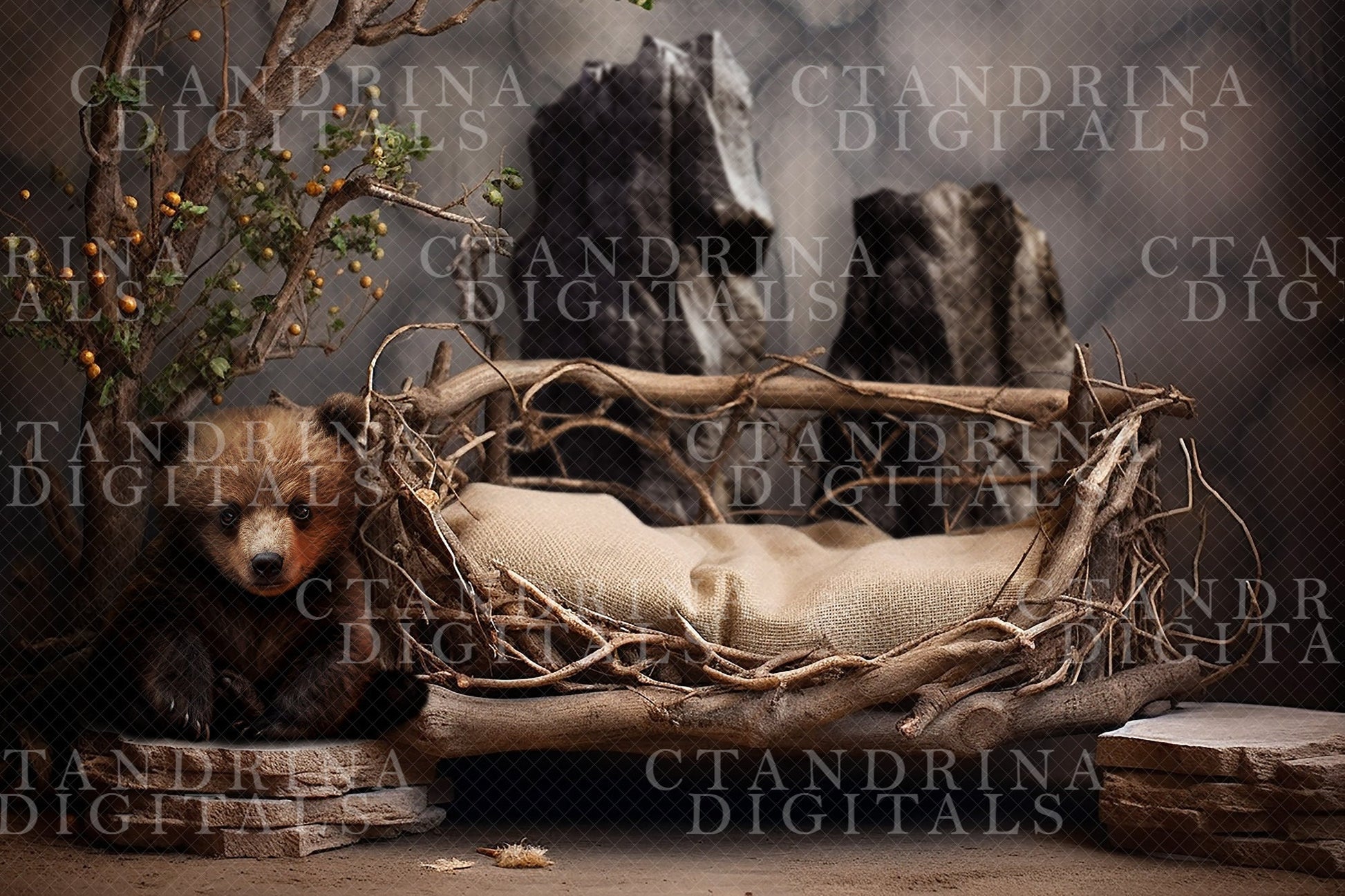 Bear Cub Newborn Digital Backdrop, Woodsy Baby Backdrop, Newborn Bear and Woods Digital Backdrop for Photoshop Composites