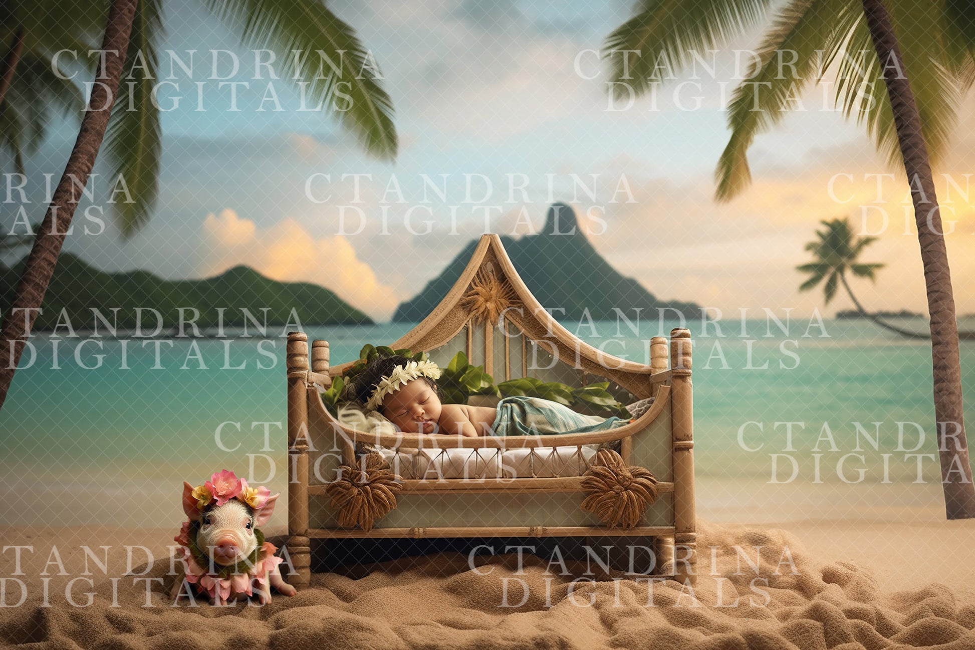 Polynesian Princess Newborn Digital Backdrop, Beach Princess Baby Digital Backdrop, Island Baby Digital Backdrop for Photoshop Composites