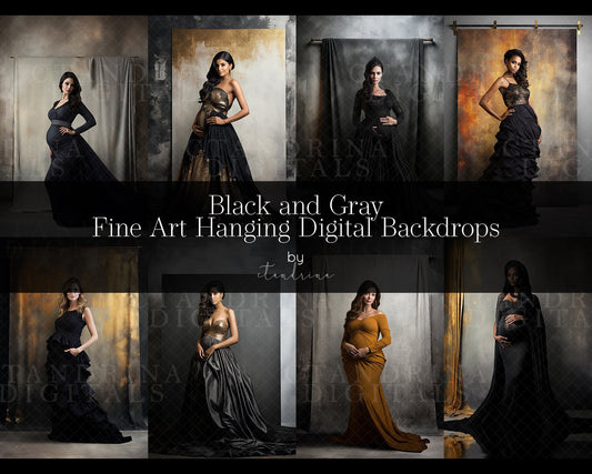 Black and Grey Fine Art Hanging Digital Backdrops, Digital Hanging Canvas, Maternity Digital Backdrops, Fine Art Portrait Backdrops