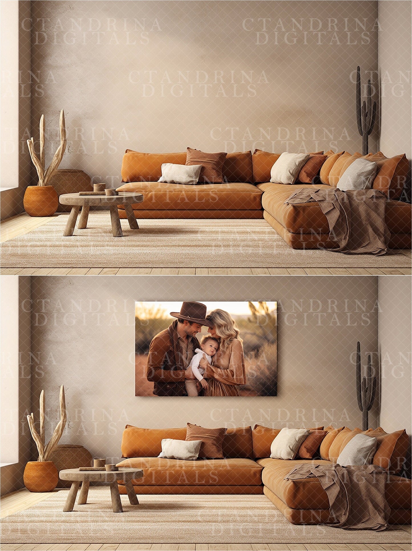 Wall Mock-Ups, Southwestern Living Room Mock-Ups, Photo Wall Mockups, Room Mock-Ups, IPS Photo Masks, Wall Frame Masks for Website and Blog